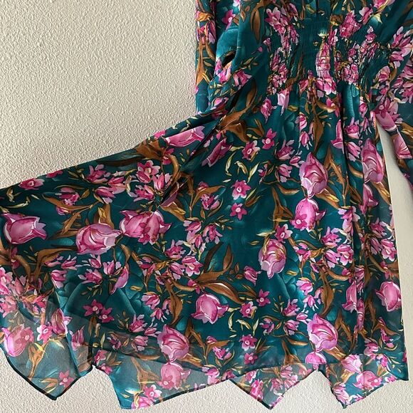 Fate Teal Floral Smocked Handkerchief Long Sleeve Mini Dress Size S - Picture 4 of 7